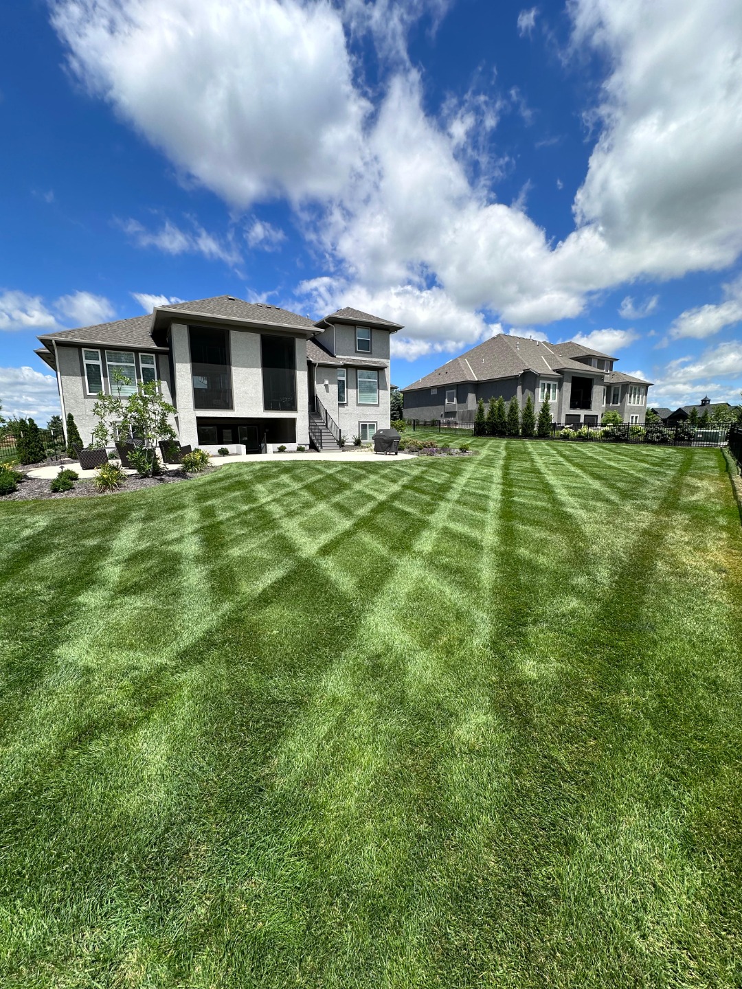 Backyard with crisscross lawn stripes and manicured landscaping, bordered by luxury homes under a vibrant blue sky.